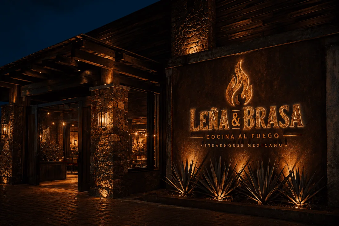 Letrero de Leña y Brasa, cocina al fuego